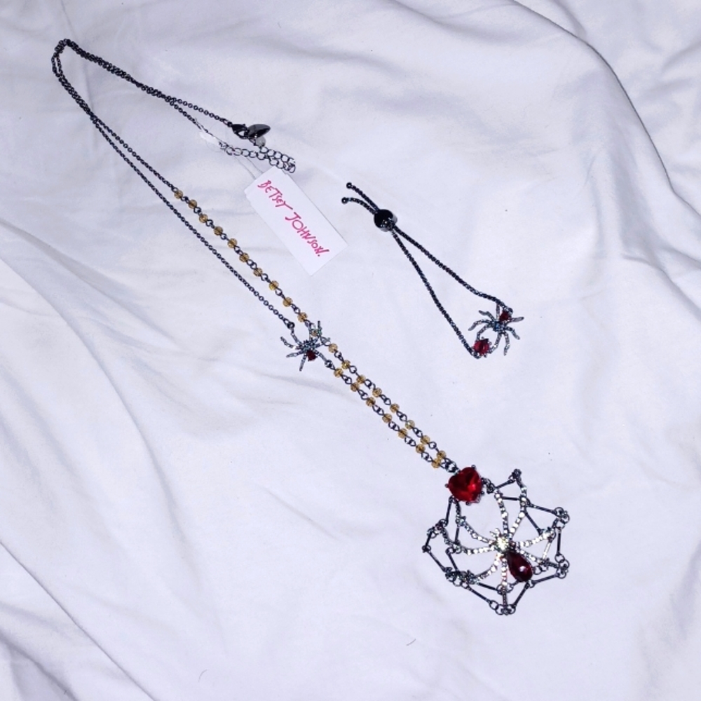 Betsey Johnson Black Widow Red Accent Long Necklace Bolero Bracelet Set NEW